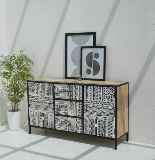 Sterra 3 Drawers & 2 Doors Sideboard – Mango Wood & Metal Frame, Natural Finish | Opelhome UAE