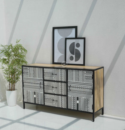 Sterra 3 Drawers & 2 Doors Sideboard – Mango Wood & Metal Frame, Natural Finish | Opelhome UAE