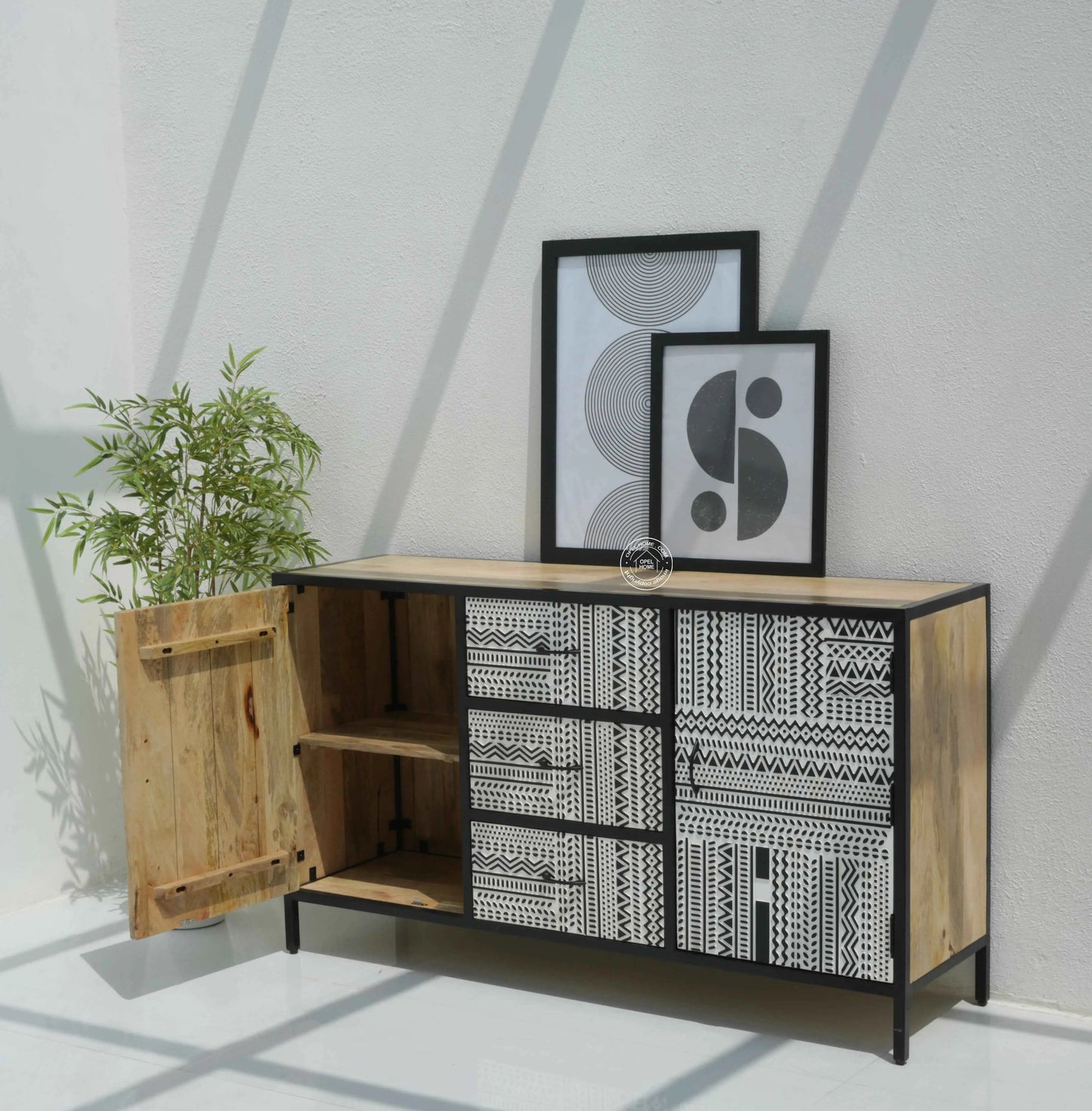 Sterra 3 Drawers & 2 Doors Sideboard – Mango Wood & Metal Frame, Natural Finish | Opelhome UAE