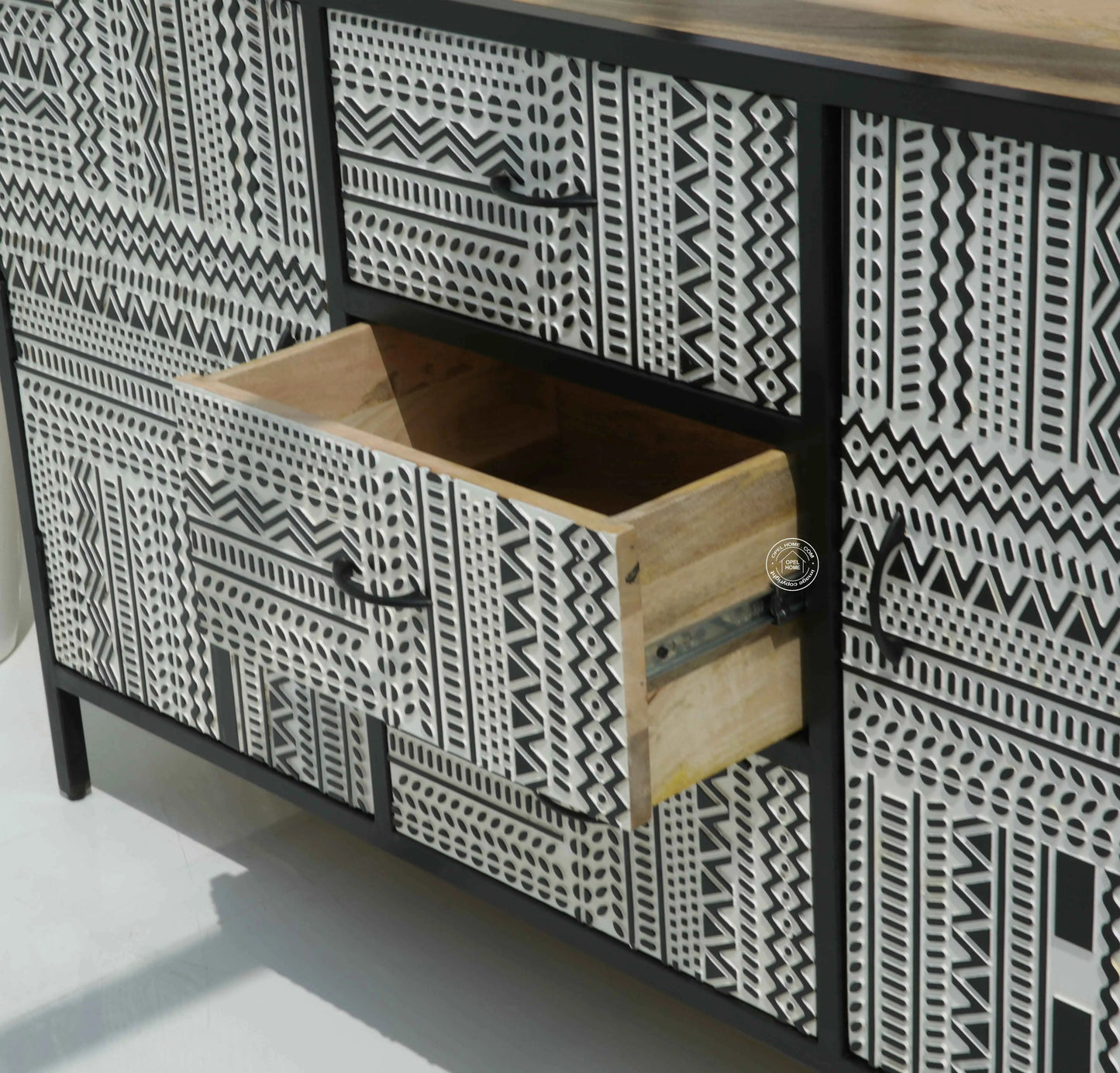 Sterra 3 Drawers & 2 Doors Sideboard – Mango Wood & Metal Frame, Natural Finish | Opelhome UAE