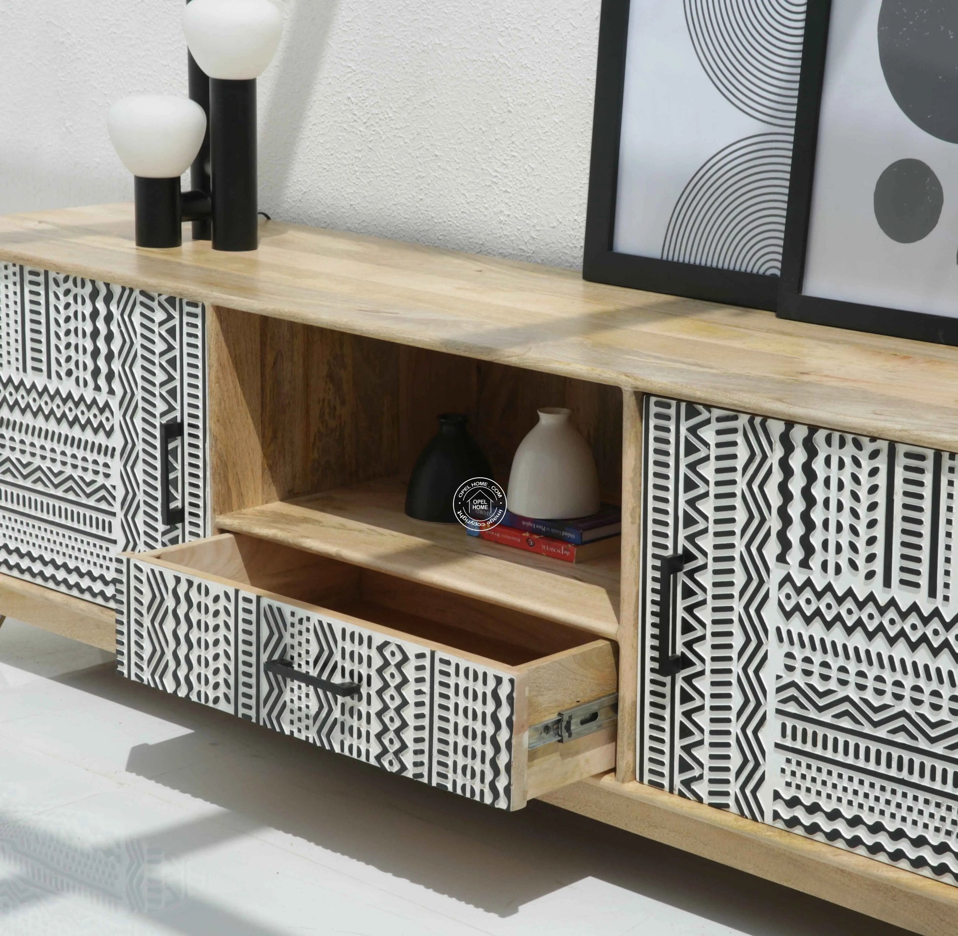 Sterra Wooden TV Unit – Solid Mango Wood, Natural Finish & Accents | Opelhome UAE