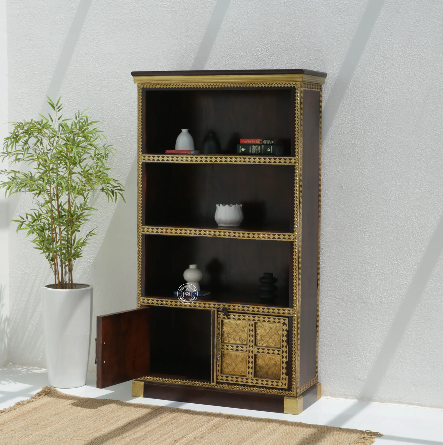 Tannis Brass FTD Display Shelves Unit With Two Doors - Opelhome