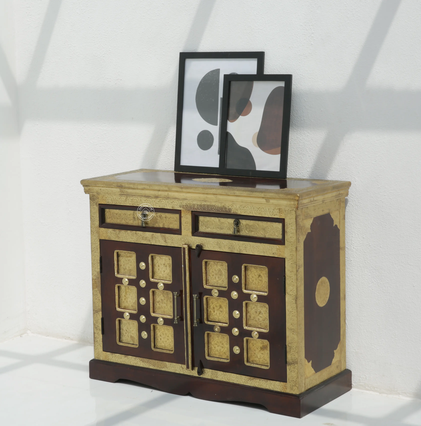 Tannis Brass FTD Wooden 2 Door 2 Drawer Sideboard – Solid Acacia Wood & Brass, Walnut Finish | Opelhome UAE - Opelhome