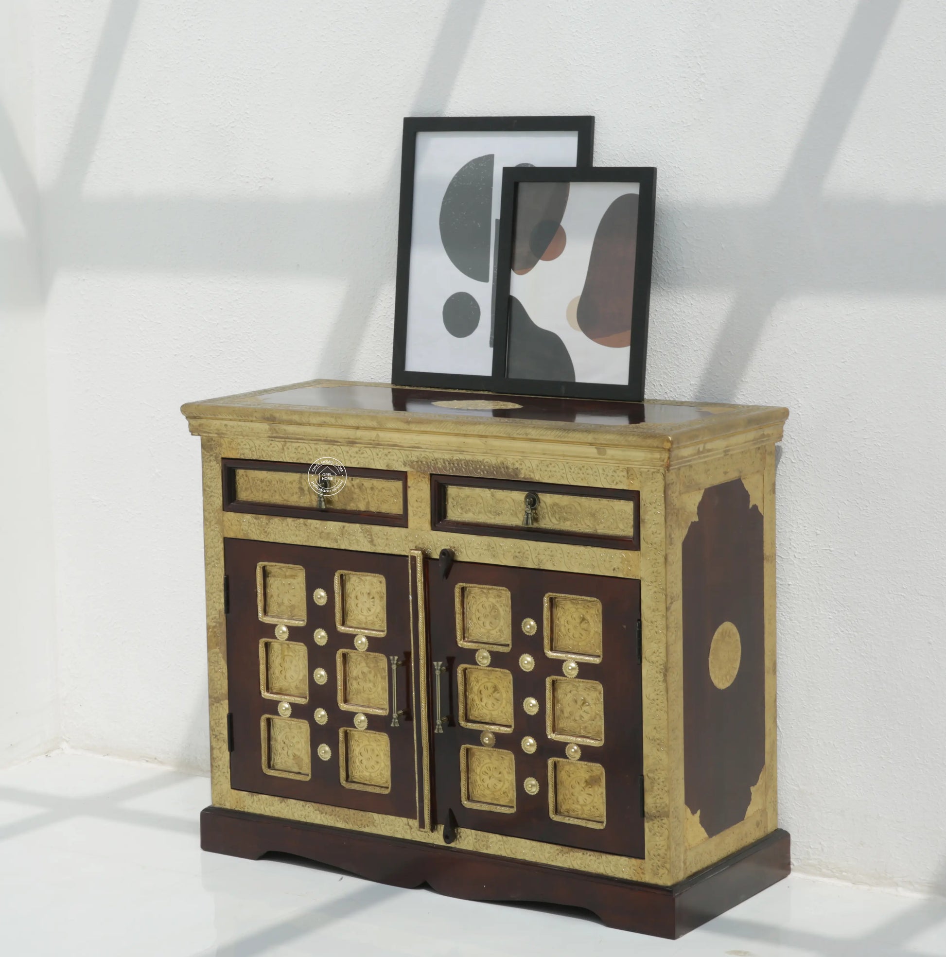 Tannis Brass FTD Wooden 2 Door 2 Drawer Sideboard – Solid Acacia Wood & Brass, Walnut Finish | Opelhome UAE - Opelhome