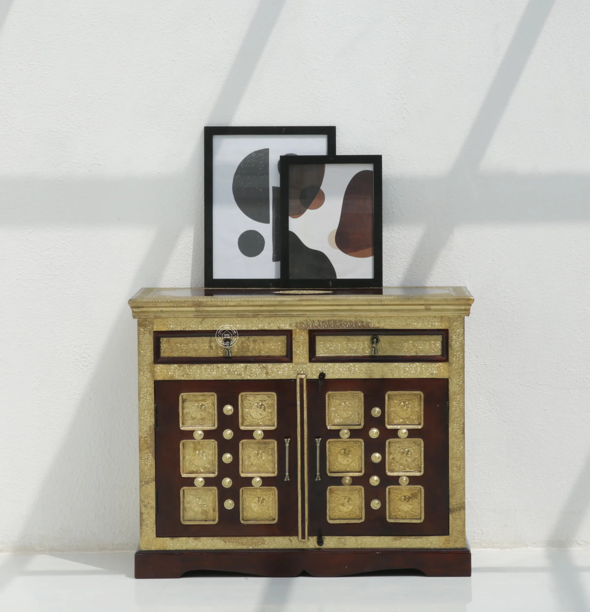 Tannis Brass FTD Wooden 2 Door 2 Drawer Sideboard – Solid Acacia Wood & Brass, Walnut Finish | Opelhome UAE - Opelhome