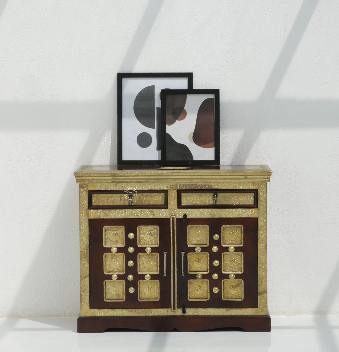 Tannis Brass FTD Wooden 2 Door 2 Drawer Sideboard – Solid Acacia Wood & Brass, Walnut Finish | Opelhome UAE - Opelhome