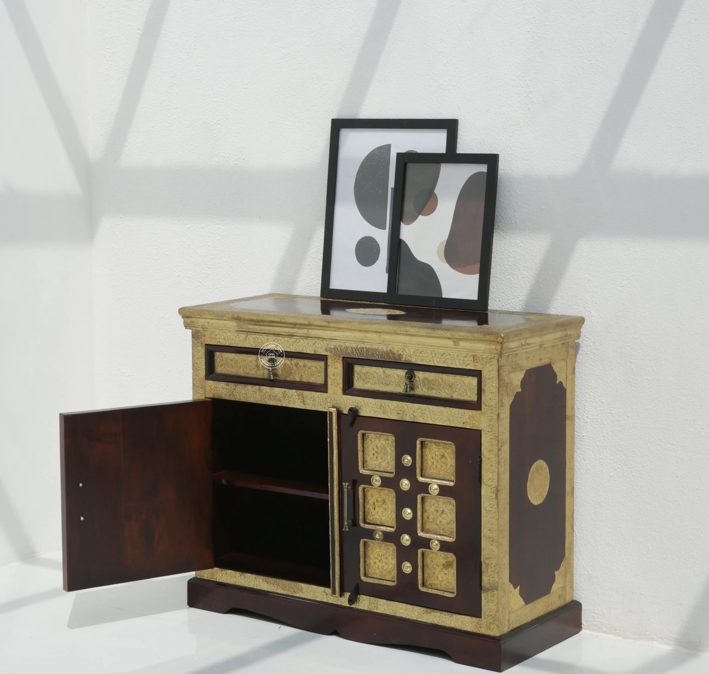 Tannis Brass FTD Wooden 2 Door 2 Drawer Sideboard – Solid Acacia Wood & Brass, Walnut Finish | Opelhome UAE - Opelhome