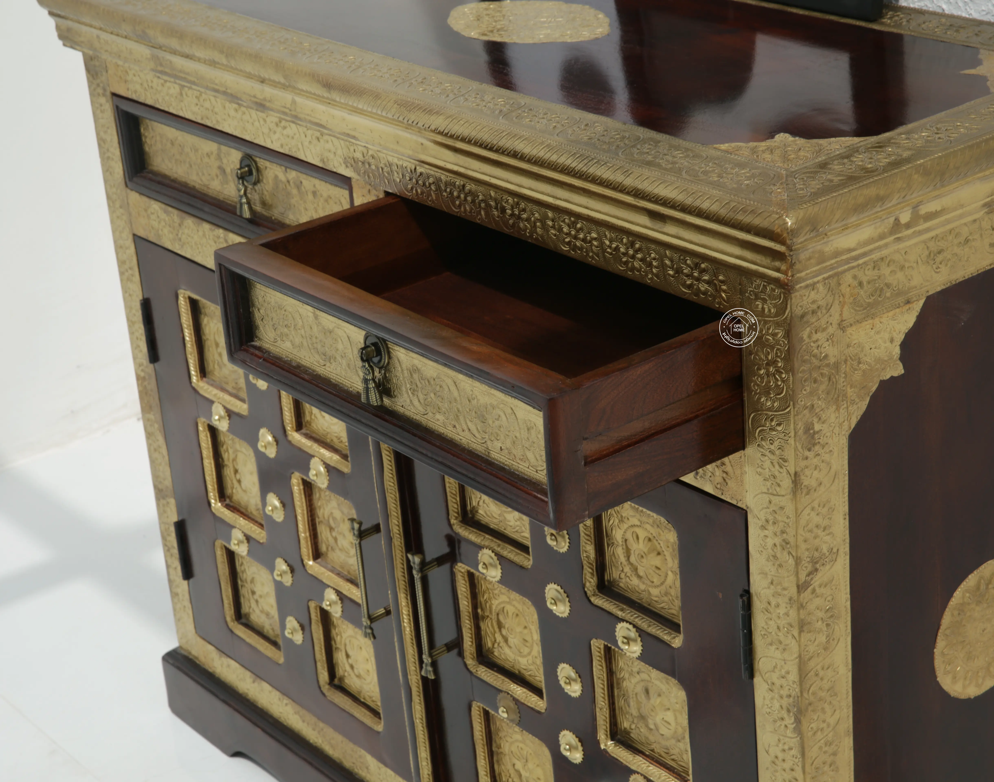 Tannis Brass FTD Wooden 2 Door 2 Drawer Sideboard – Solid Acacia Wood & Brass, Walnut Finish | Opelhome UAE - Opelhome