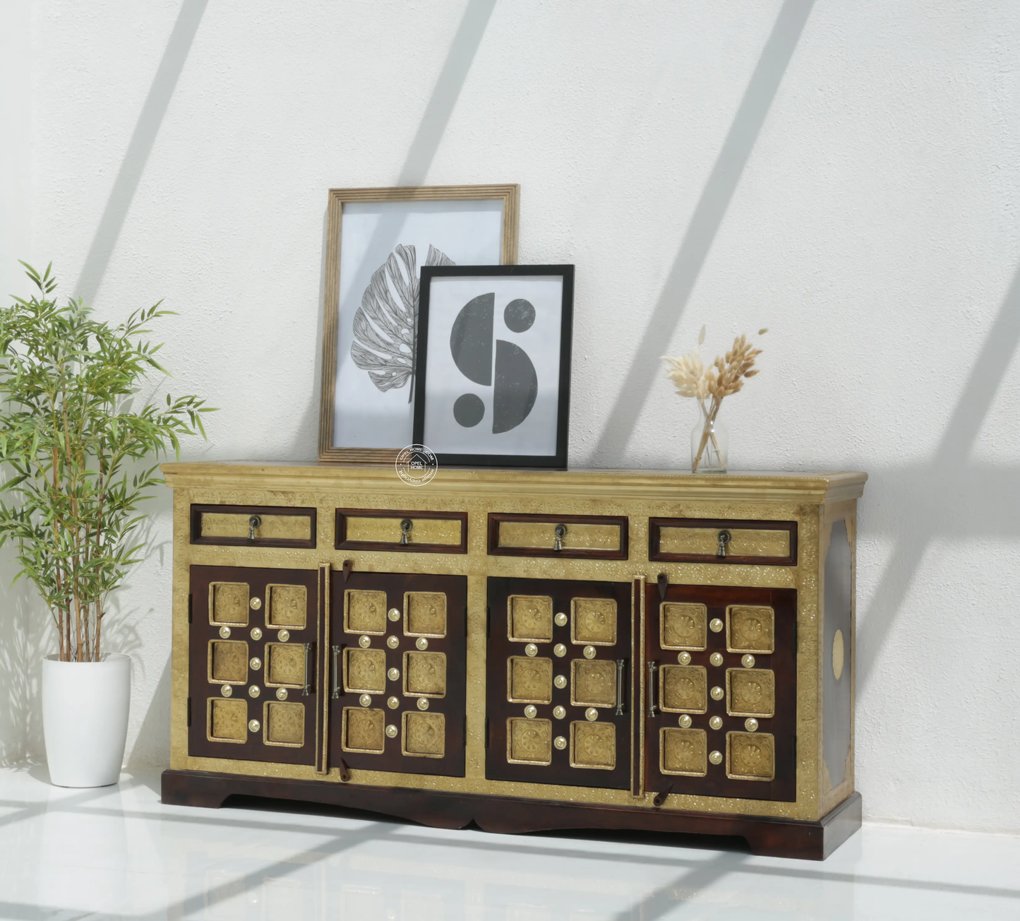 Tannis Brass FTD Wooden 4 Door 4 Drawer Sideboard – Solid Acacia Wood & Brass, Walnut Finish | Opelhome UAE - Opelhome