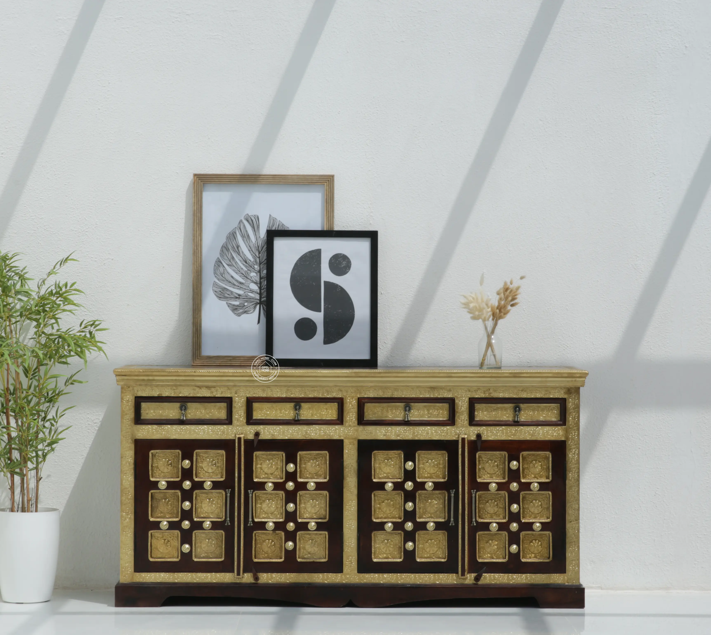 Tannis Brass FTD Wooden 4 Door 4 Drawer Sideboard – Solid Acacia Wood & Brass, Walnut Finish | Opelhome UAE - Opelhome