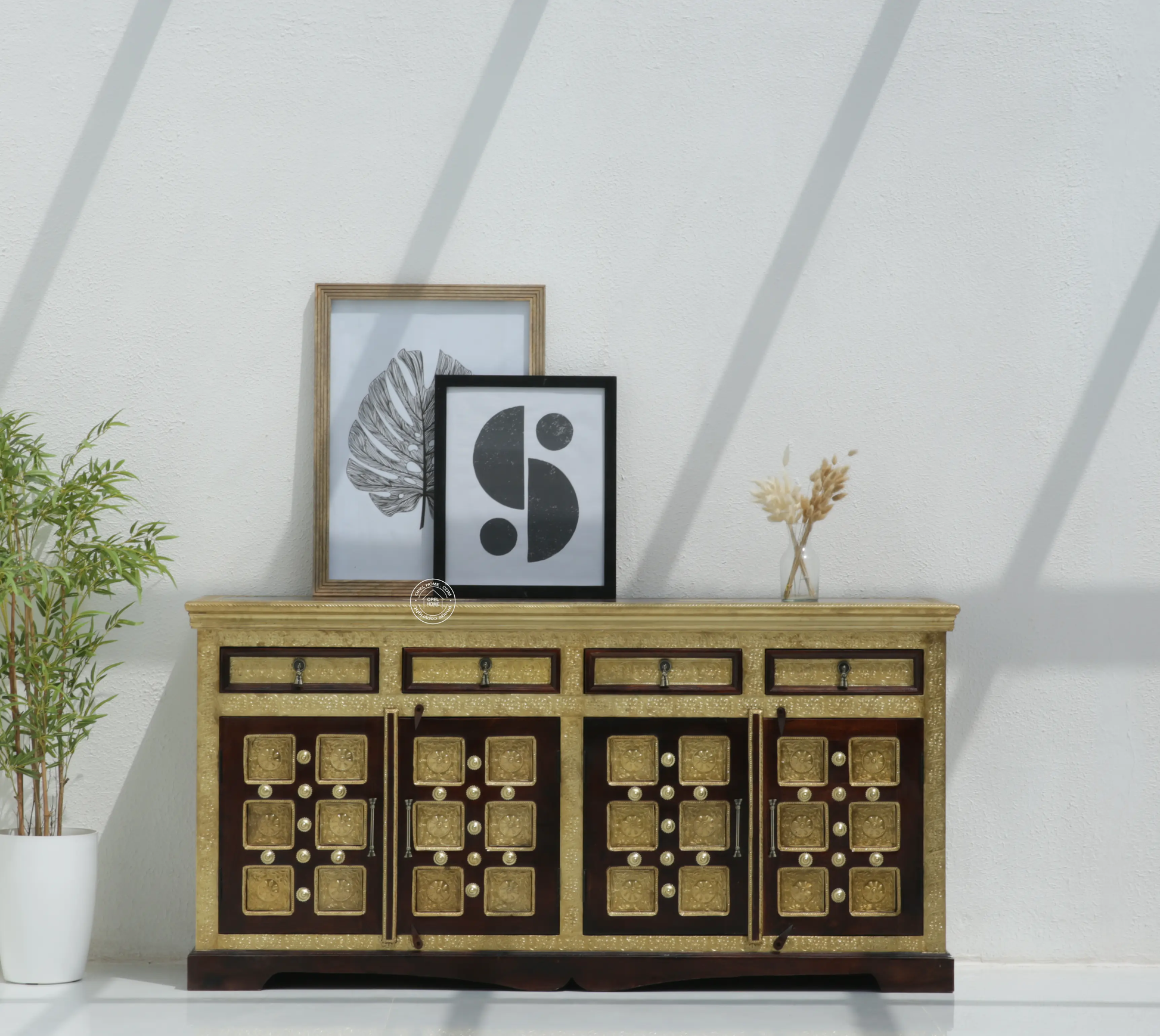 Tannis Brass FTD Wooden 4 Door 4 Drawer Sideboard – Solid Acacia Wood & Brass, Walnut Finish | Opelhome UAE - Opelhome