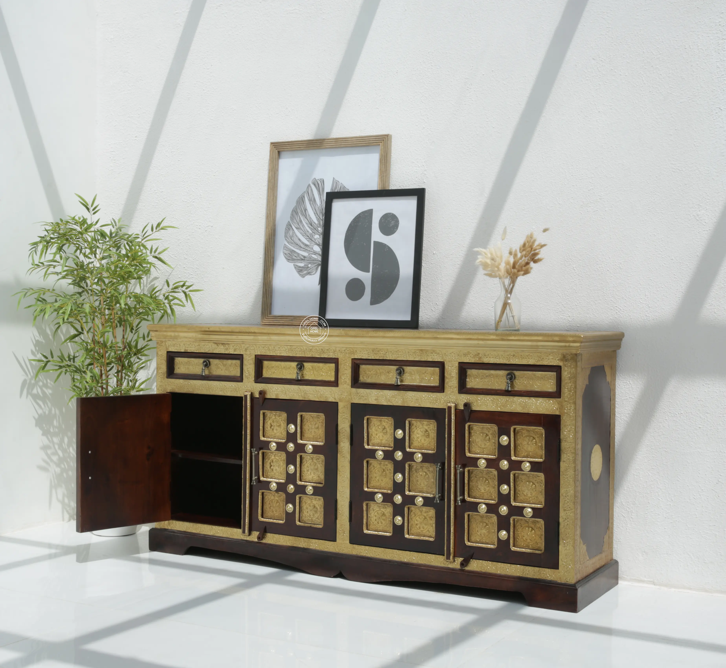 Tannis Brass FTD Wooden 4 Door 4 Drawer Sideboard – Solid Acacia Wood & Brass, Walnut Finish | Opelhome UAE - Opelhome
