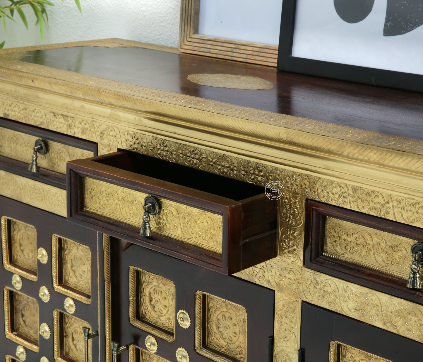 Tannis Brass FTD Wooden 4 Door 4 Drawer Sideboard – Solid Acacia Wood & Brass, Walnut Finish | Opelhome UAE - Opelhome