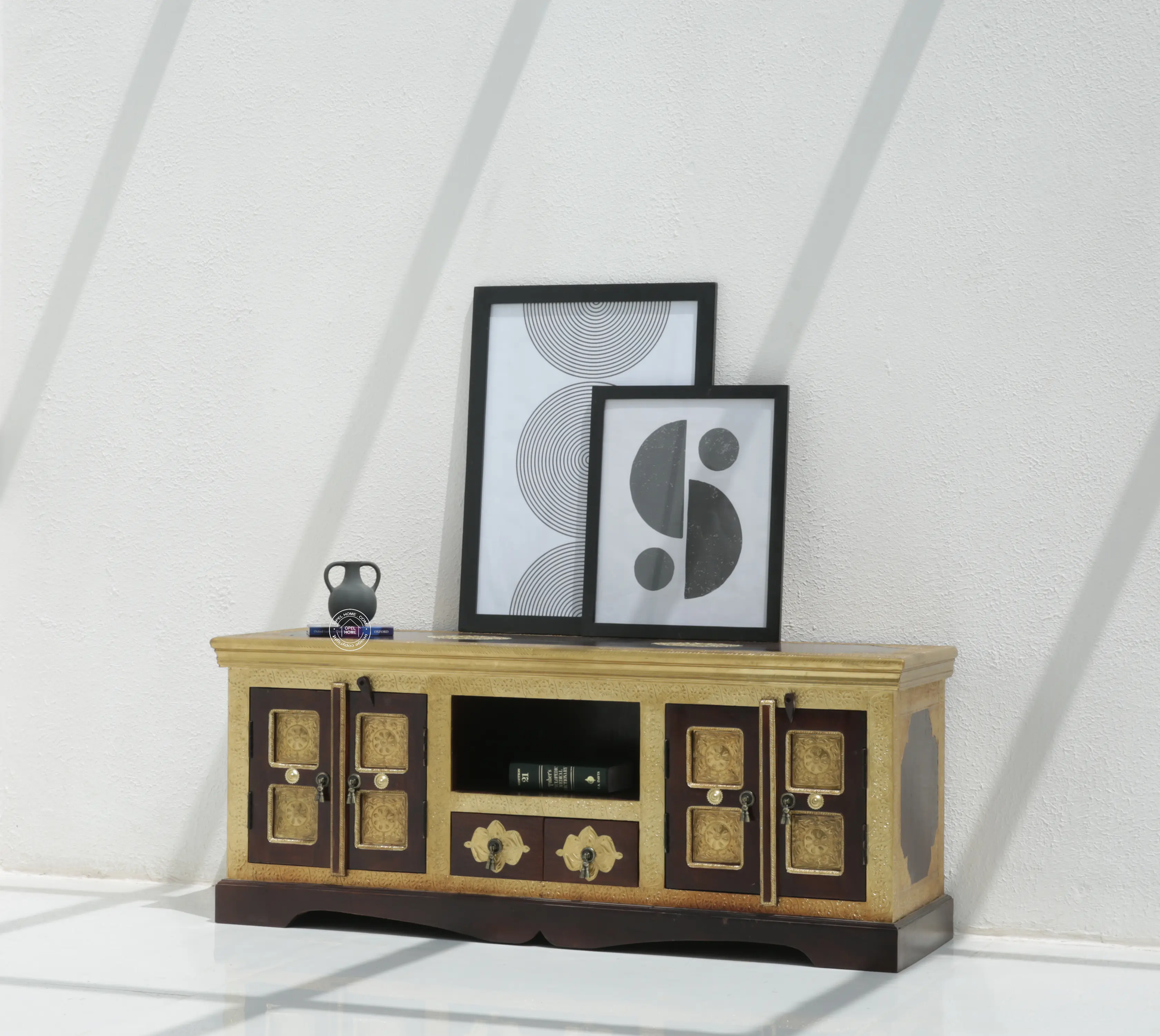 Tannis Brass TV Stand – Carved FTD Design, Solid Acacia Wood & Brass, Walnut Finish | Opelhome UAE Opel Home