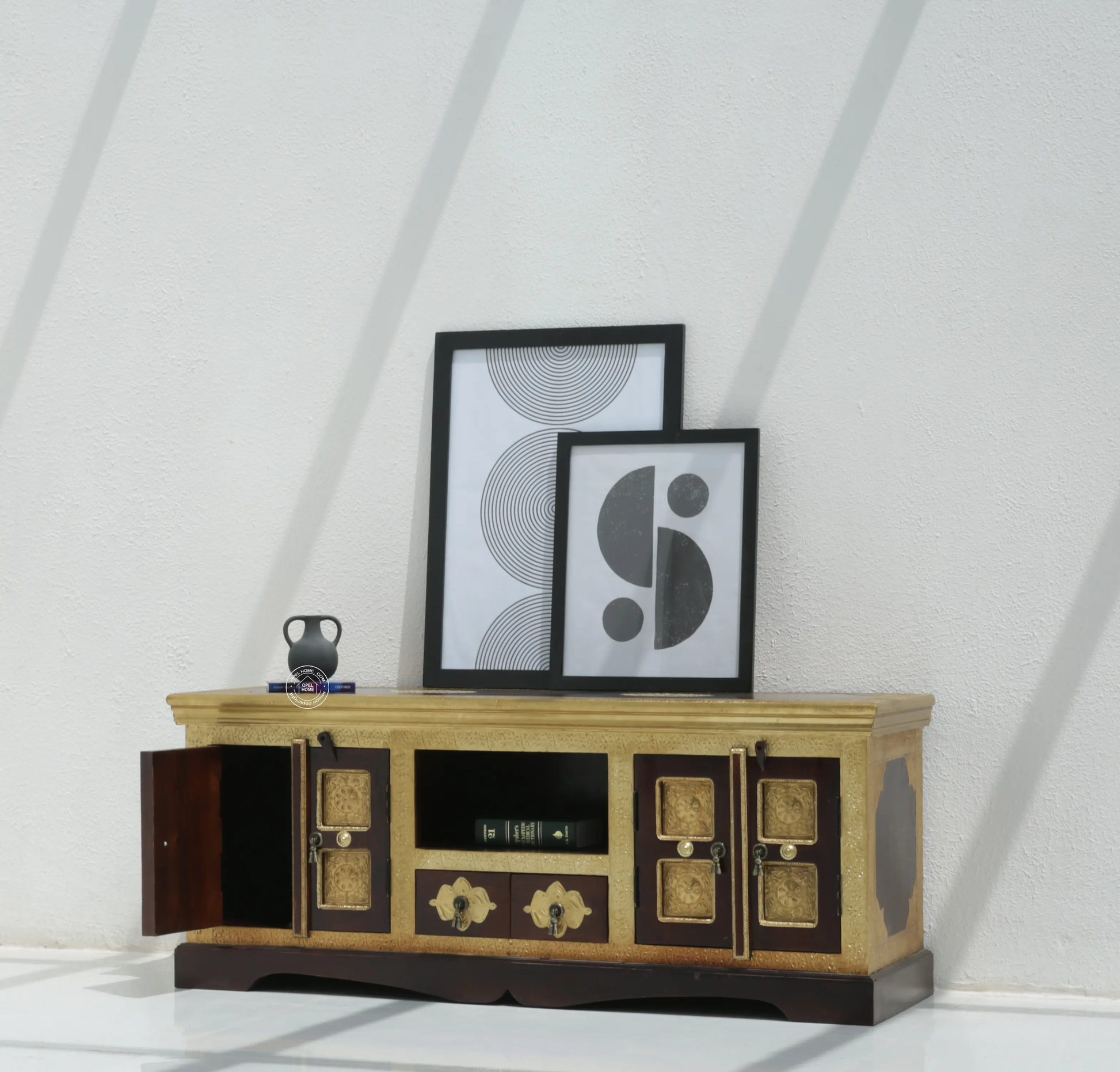 Tannis Brass TV Stand – Carved FTD Design, Solid Acacia Wood & Brass, Walnut Finish | Opelhome UAE Opel Home