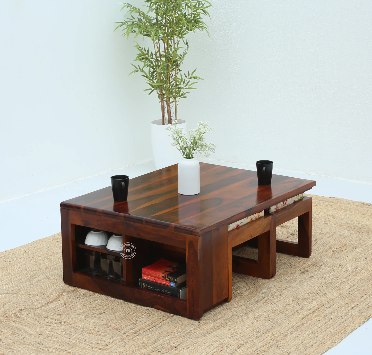 Terra Wooden Coffee Table with Four Stools (Honey finish) - Opelhome