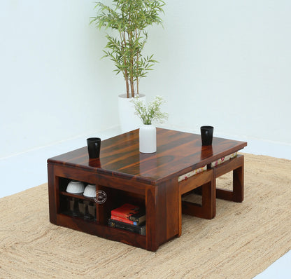 Terra Wooden Coffee Table with Four Stools (Honey finish) - Opelhome