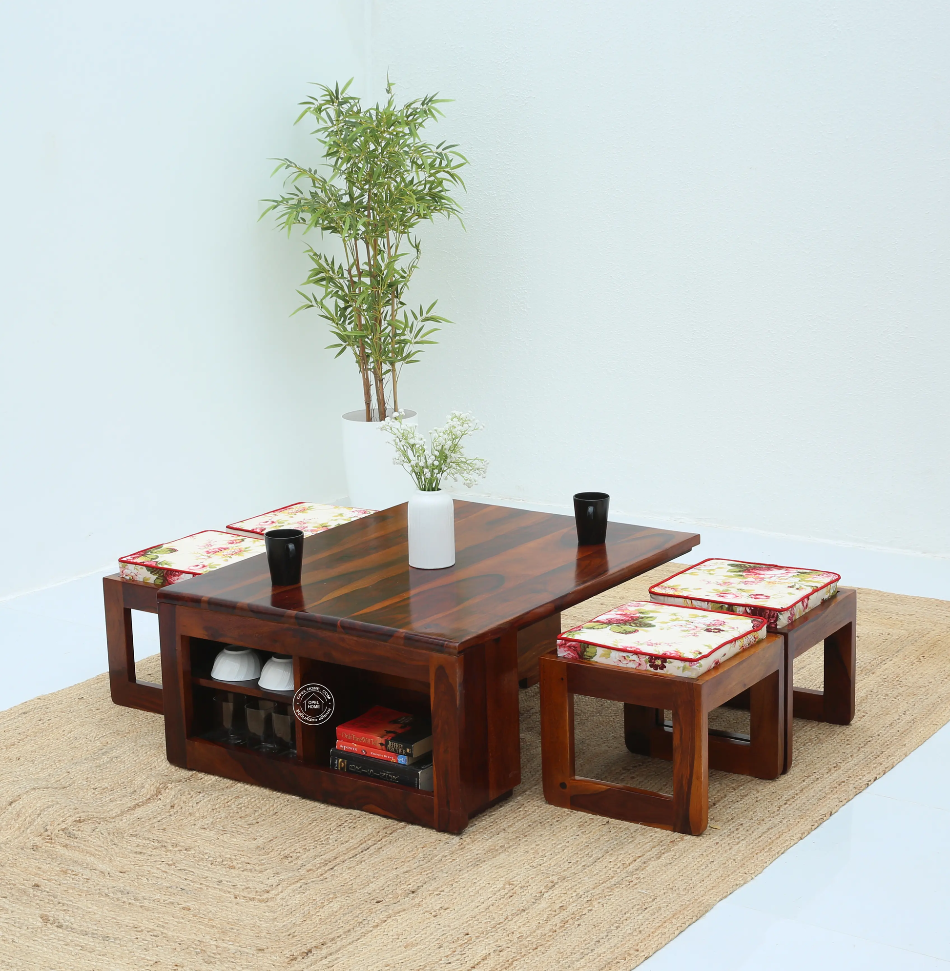 Terra Wooden Coffee Table with Four Stools (Honey finish) - Opelhome