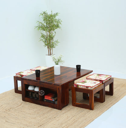 Terra Wooden Coffee Table with Four Stools (Honey finish) - Opelhome