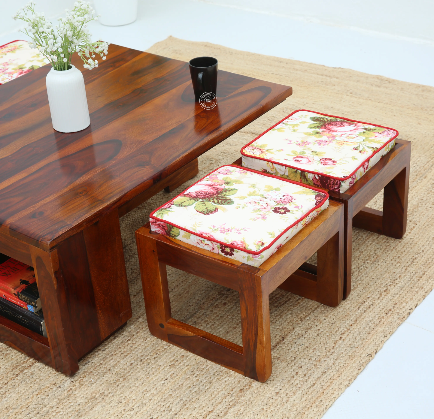 Terra Wooden Coffee Table with Four Stools (Honey finish) - Opelhome
