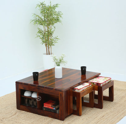 Terra Wooden Coffee Table with Four Stools (Honey finish) - Opelhome