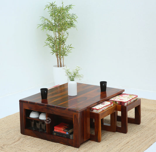 Terra Wooden Coffee Table with Four Stools (Honey finish) - Opelhome