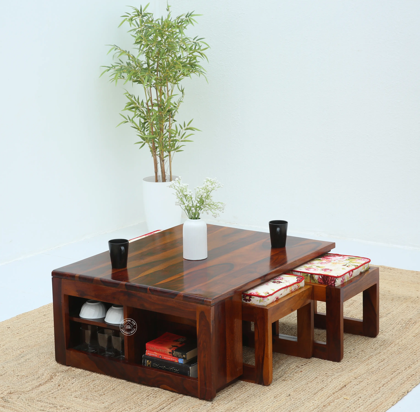 Terra Wooden Coffee Table with Four Stools (Honey finish) - Opelhome