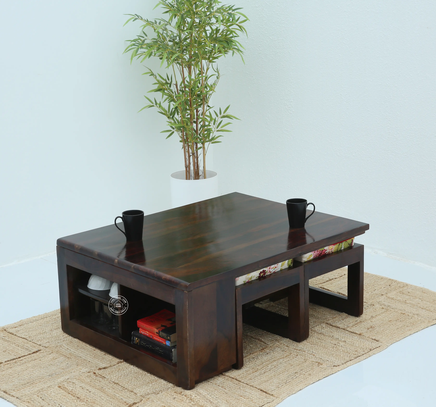 Terra Wooden Coffee Table with Four Stools – Solid Rosewood, Walnut Finish | Opelhome UAE - Opelhome