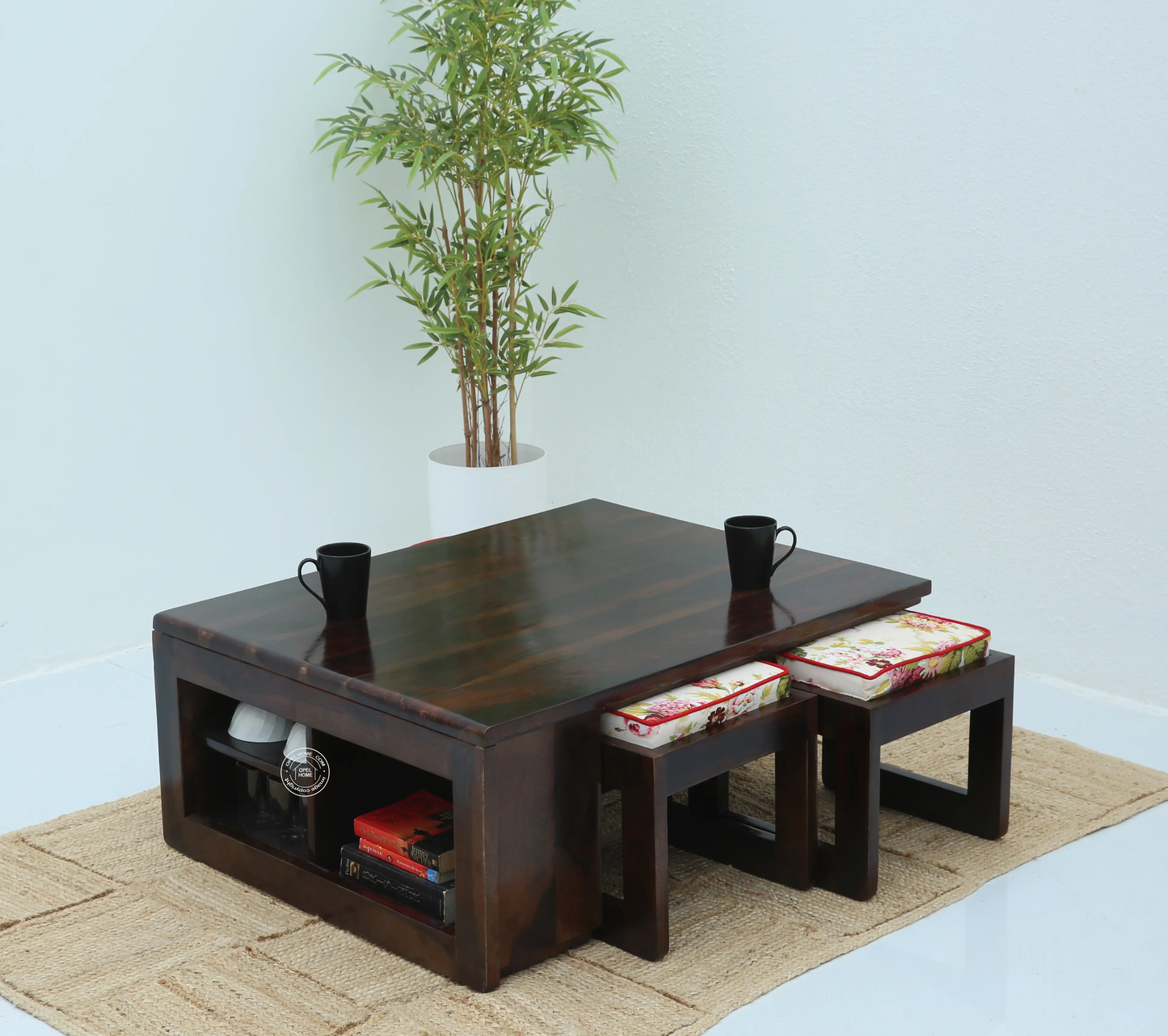 Terra Wooden Coffee Table with Four Stools – Solid Rosewood, Walnut Finish | Opelhome UAE - Opelhome