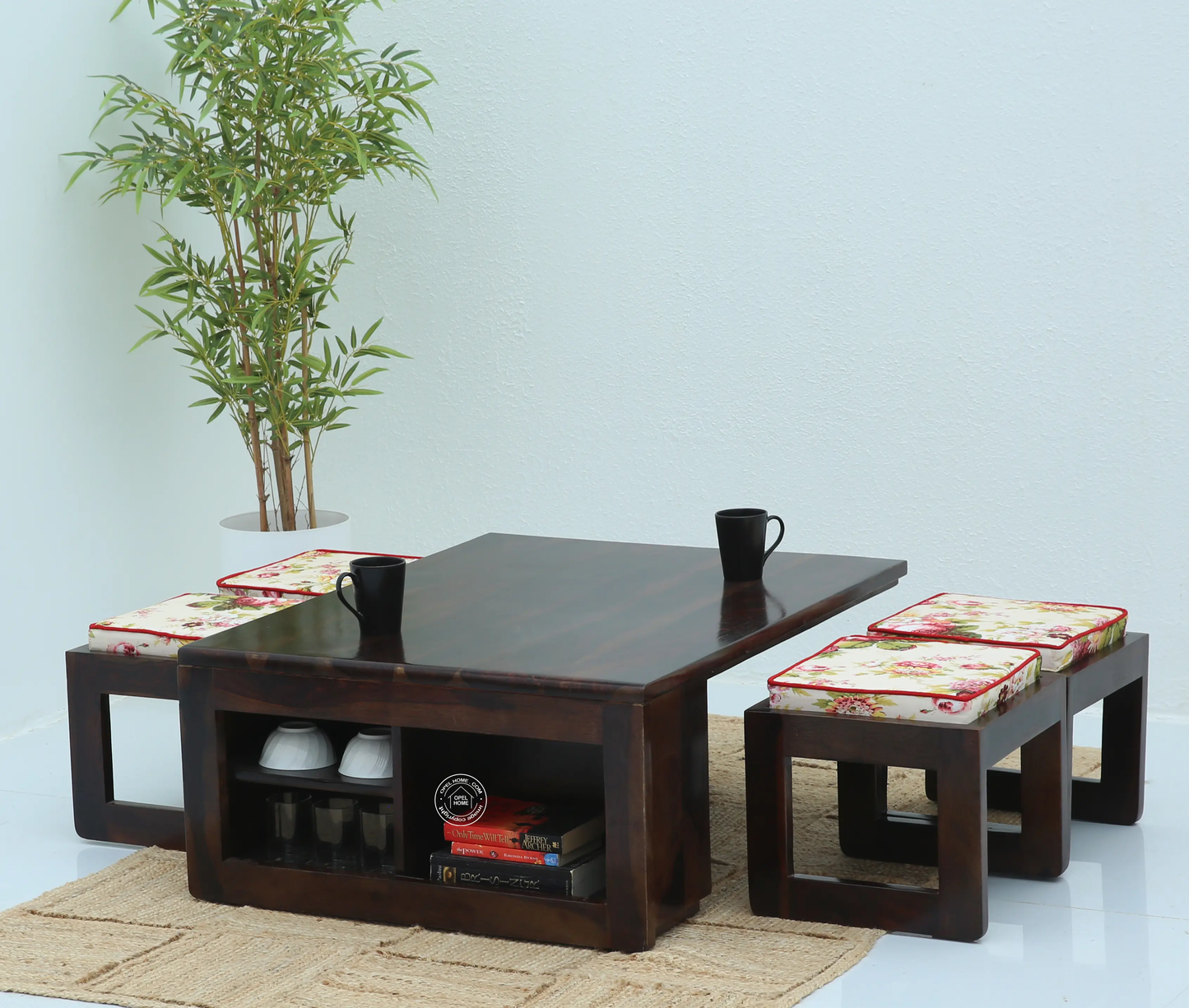 Terra Wooden Coffee Table with Four Stools – Solid Rosewood, Walnut Finish | Opelhome UAE - Opelhome