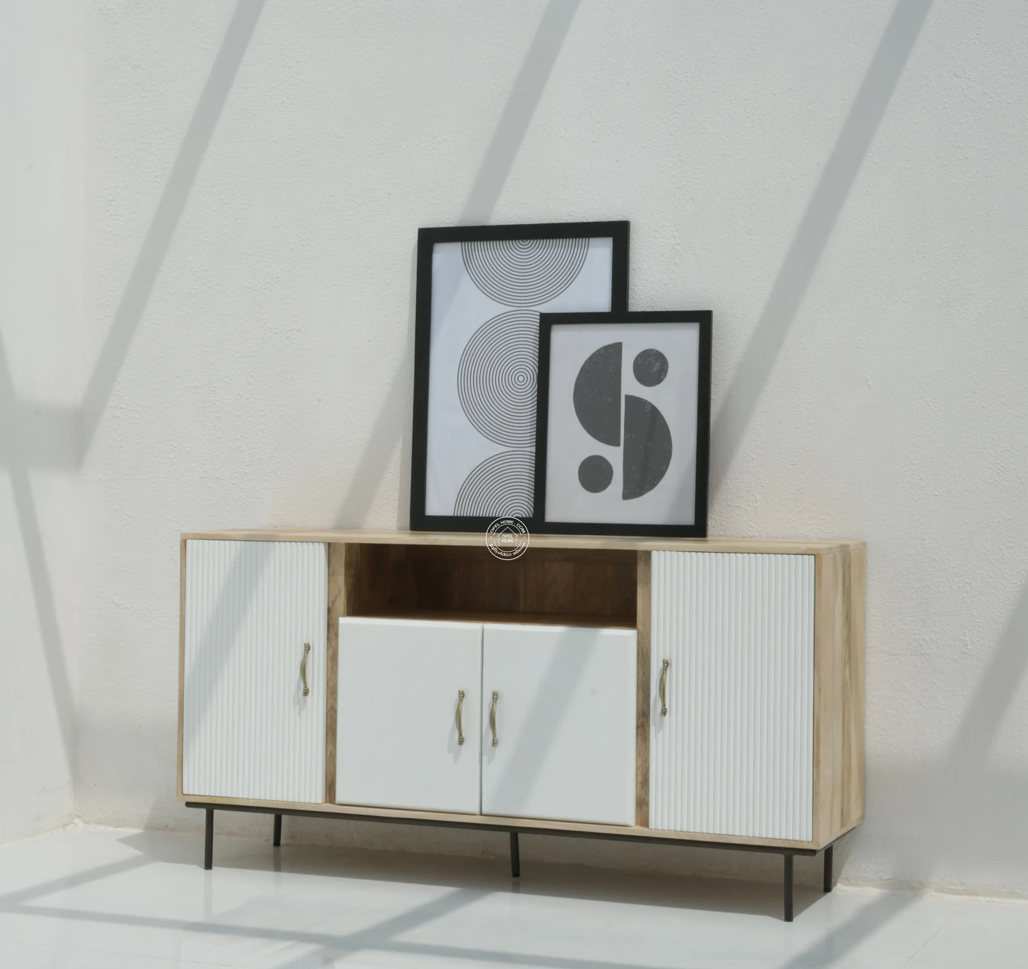 Tetteh Wooden 4 Door Sideboard – Solid Mango Wood, Natural + White Finish | Opelhome UAE - Opelhome