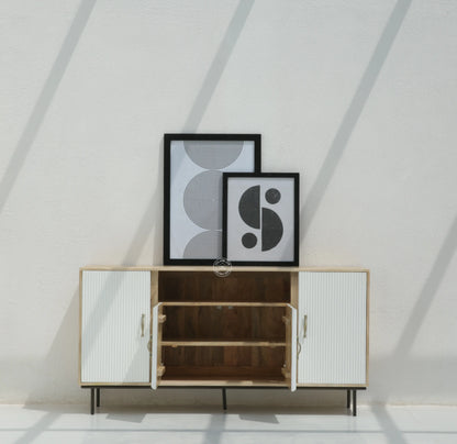 Tetteh Wooden 4 Door Sideboard – Solid Mango Wood, Natural + White Finish | Opelhome UAE - Opelhome