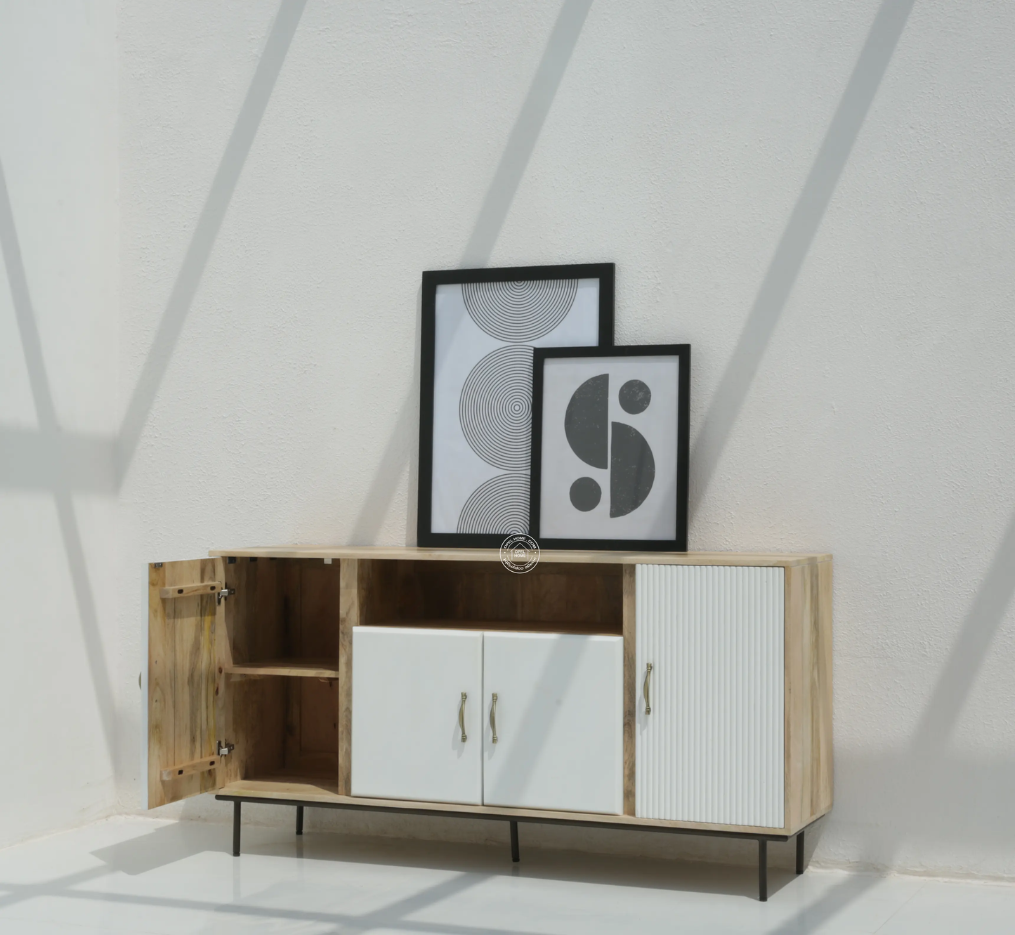 Tetteh Wooden 4 Door Sideboard – Solid Mango Wood, Natural + White Finish | Opelhome UAE - Opelhome