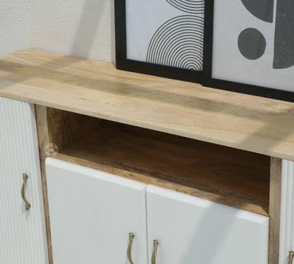 Tetteh Wooden 4 Door Sideboard – Solid Mango Wood, Natural + White Finish | Opelhome UAE - Opelhome