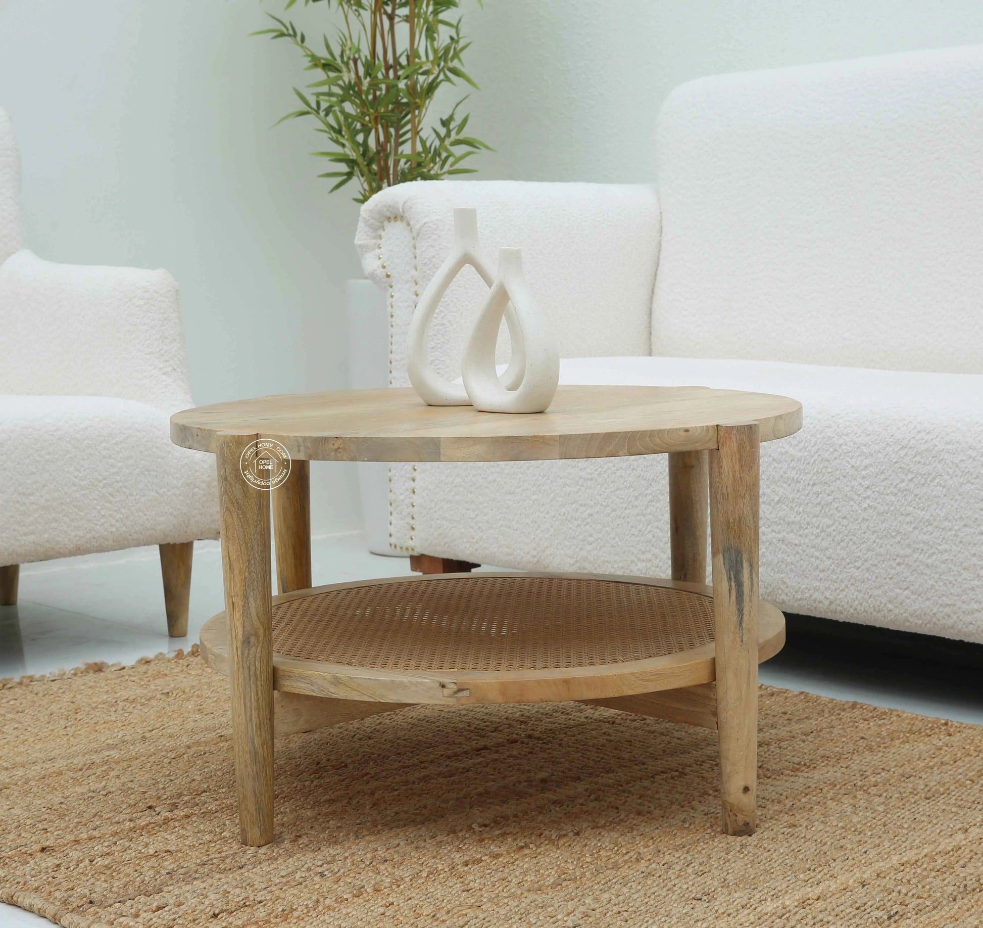 Torron Rattan Round Coffee Table – Solid Mango Wood, Natural Finish | Opelhome UAE
