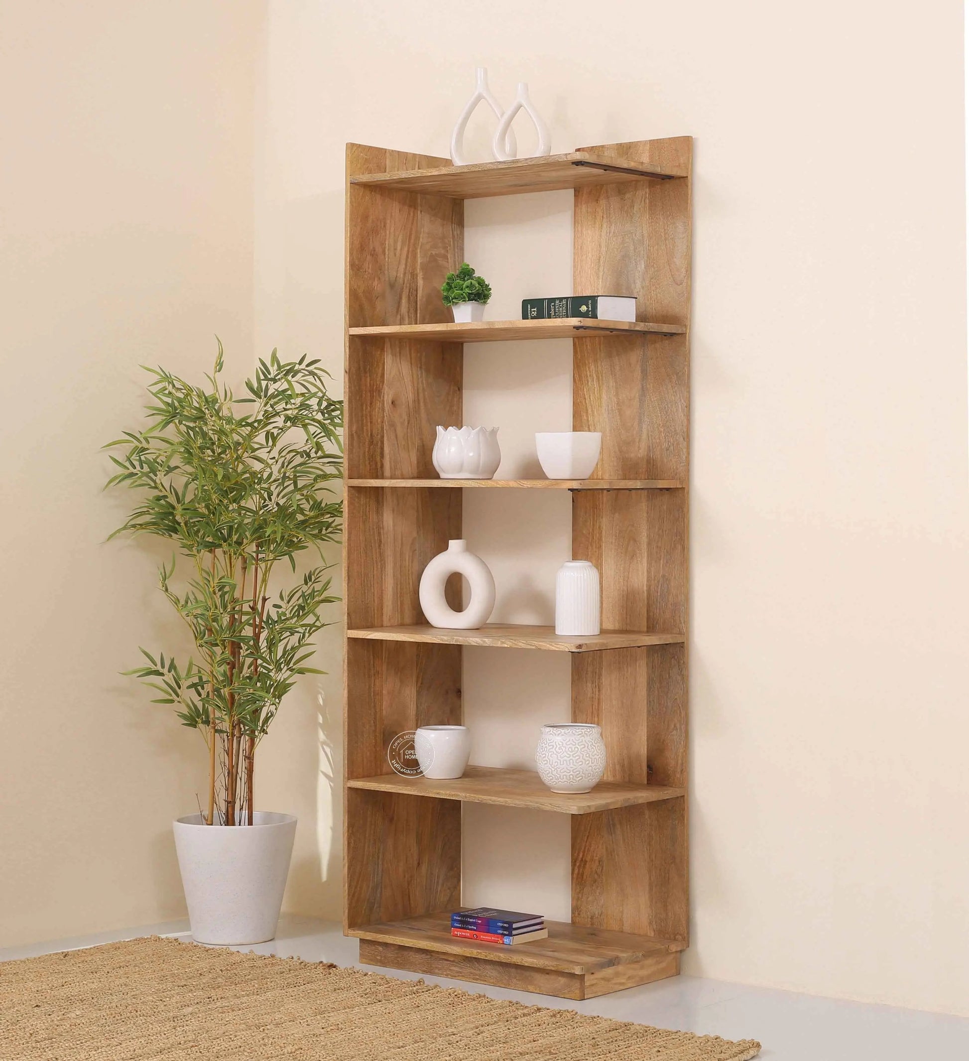 Trigg Wooden Display Shelves Unit – Solid Mango Wood, Natural Finish, Tall Storage | Opelhome UAE