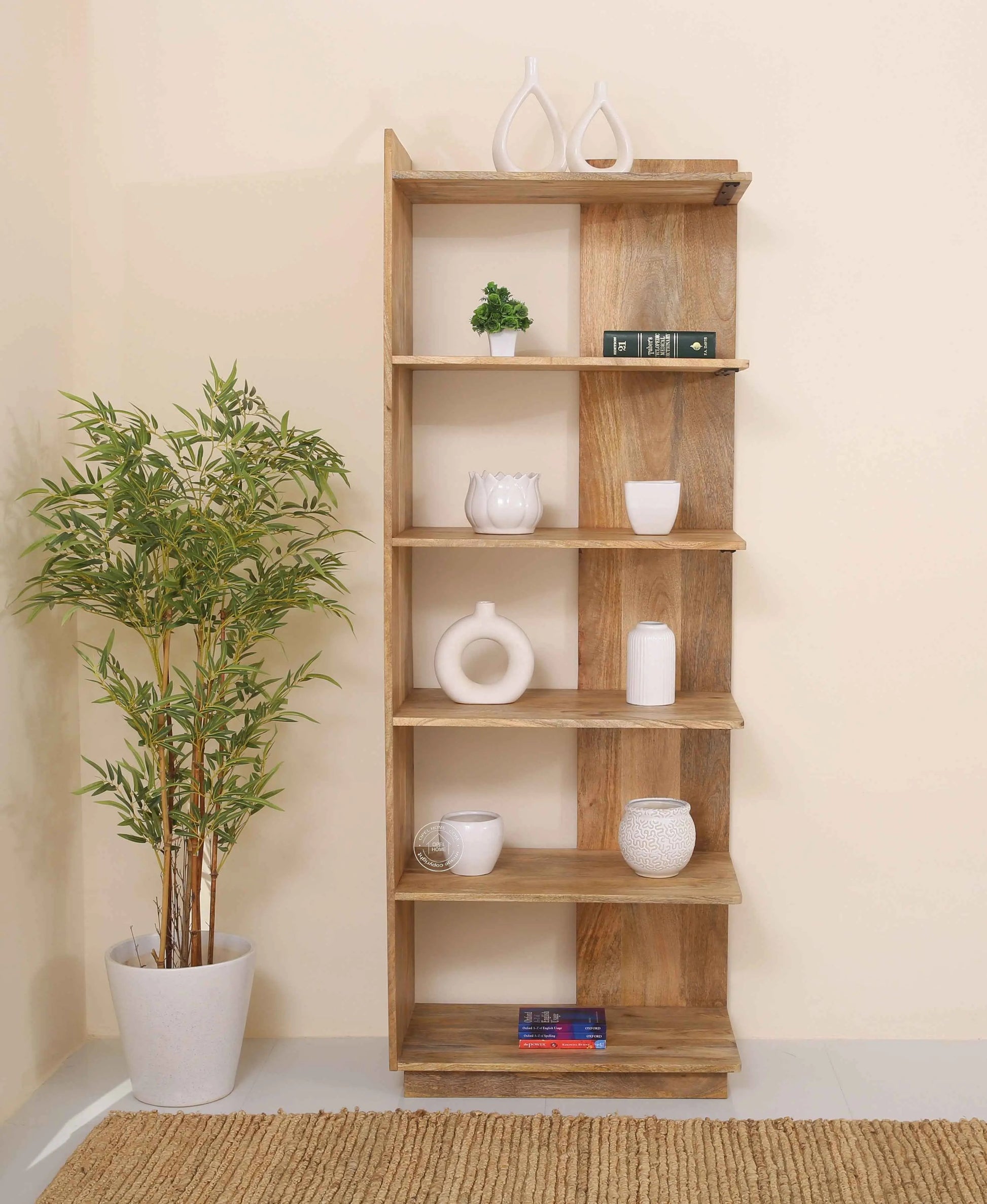 Trigg Wooden Display Shelves Unit – Solid Mango Wood, Natural Finish, Tall Storage | Opelhome UAE