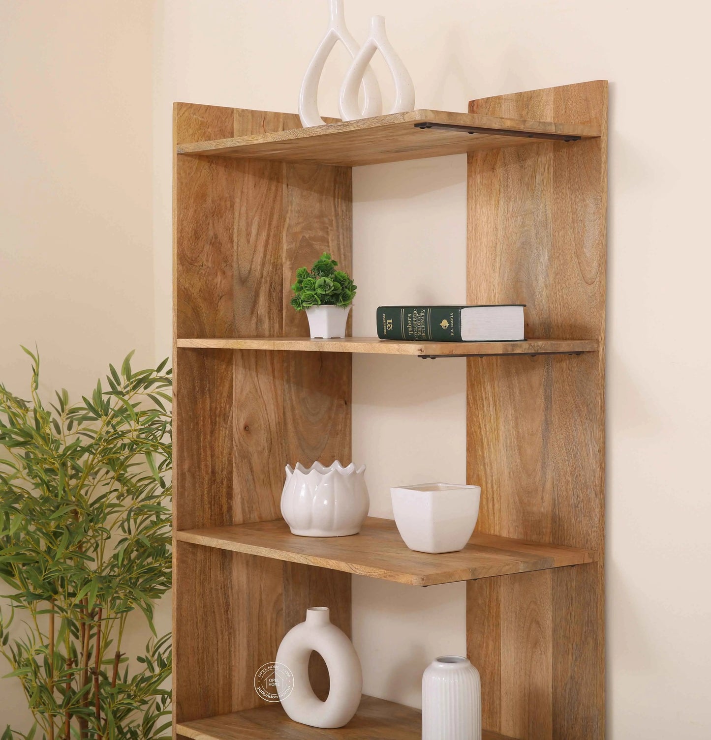 Trigg Wooden Display Shelves Unit – Solid Mango Wood, Natural Finish, Tall Storage | Opelhome UAE