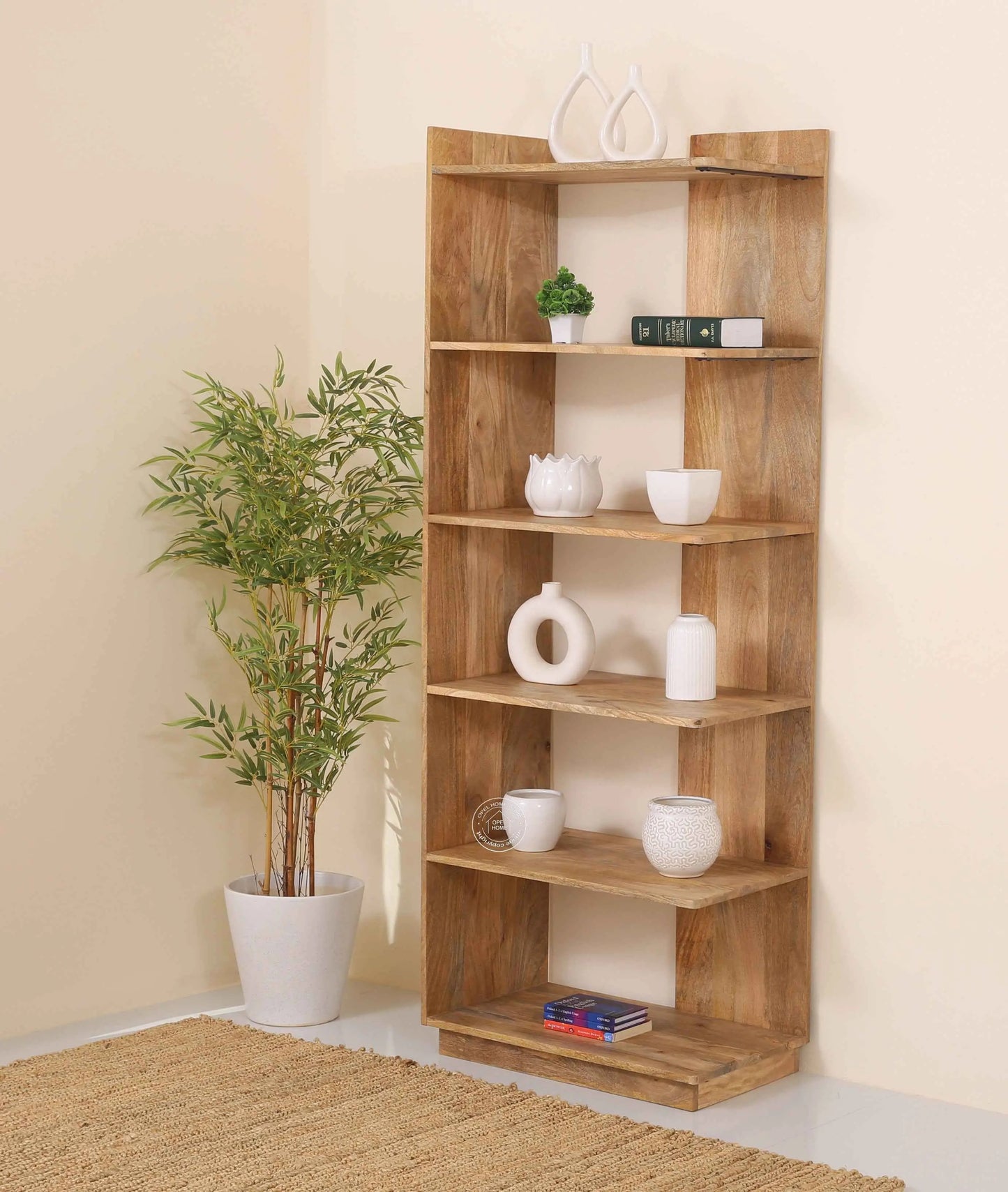 Trigg Wooden Display Shelves Unit – Solid Mango Wood, Natural Finish, Tall Storage | Opelhome UAE