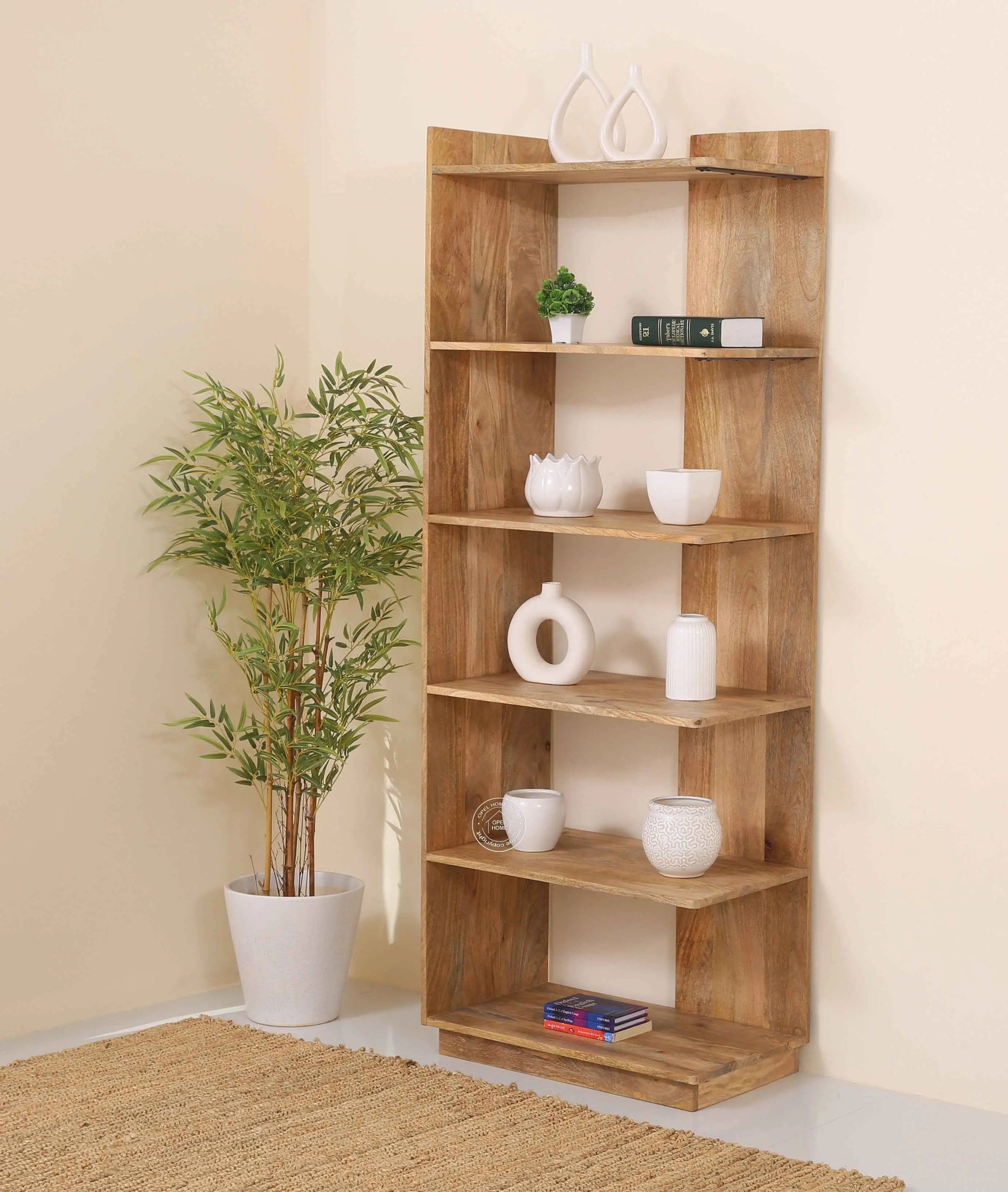 Trigg Wooden Display Shelves Unit – Solid Mango Wood, Natural Finish, Tall Storage | Opelhome UAE