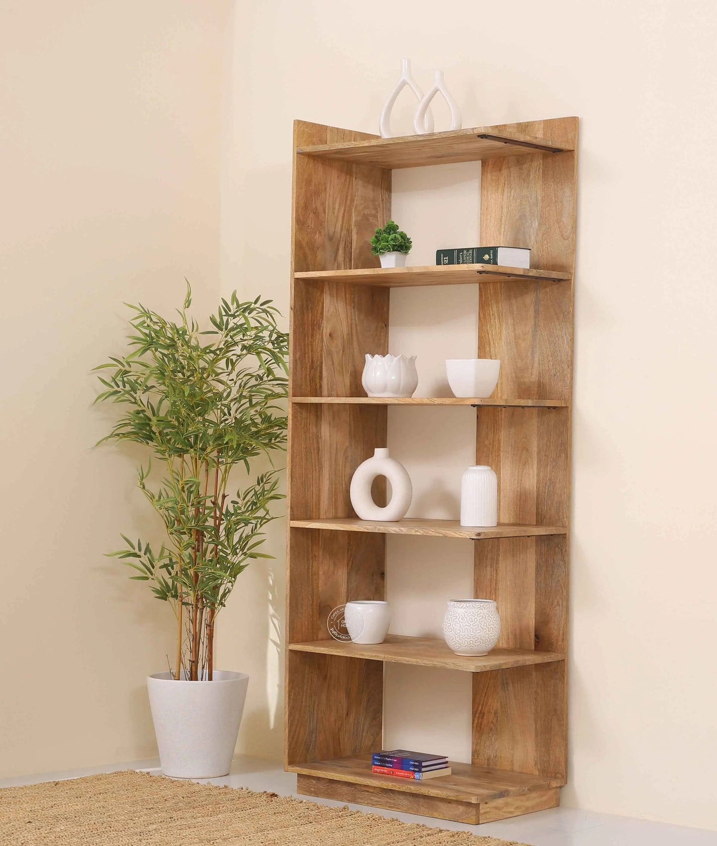 Trigg Wooden Display Shelves Unit – Solid Mango Wood, Natural Finish, Tall Storage | Opelhome UAE