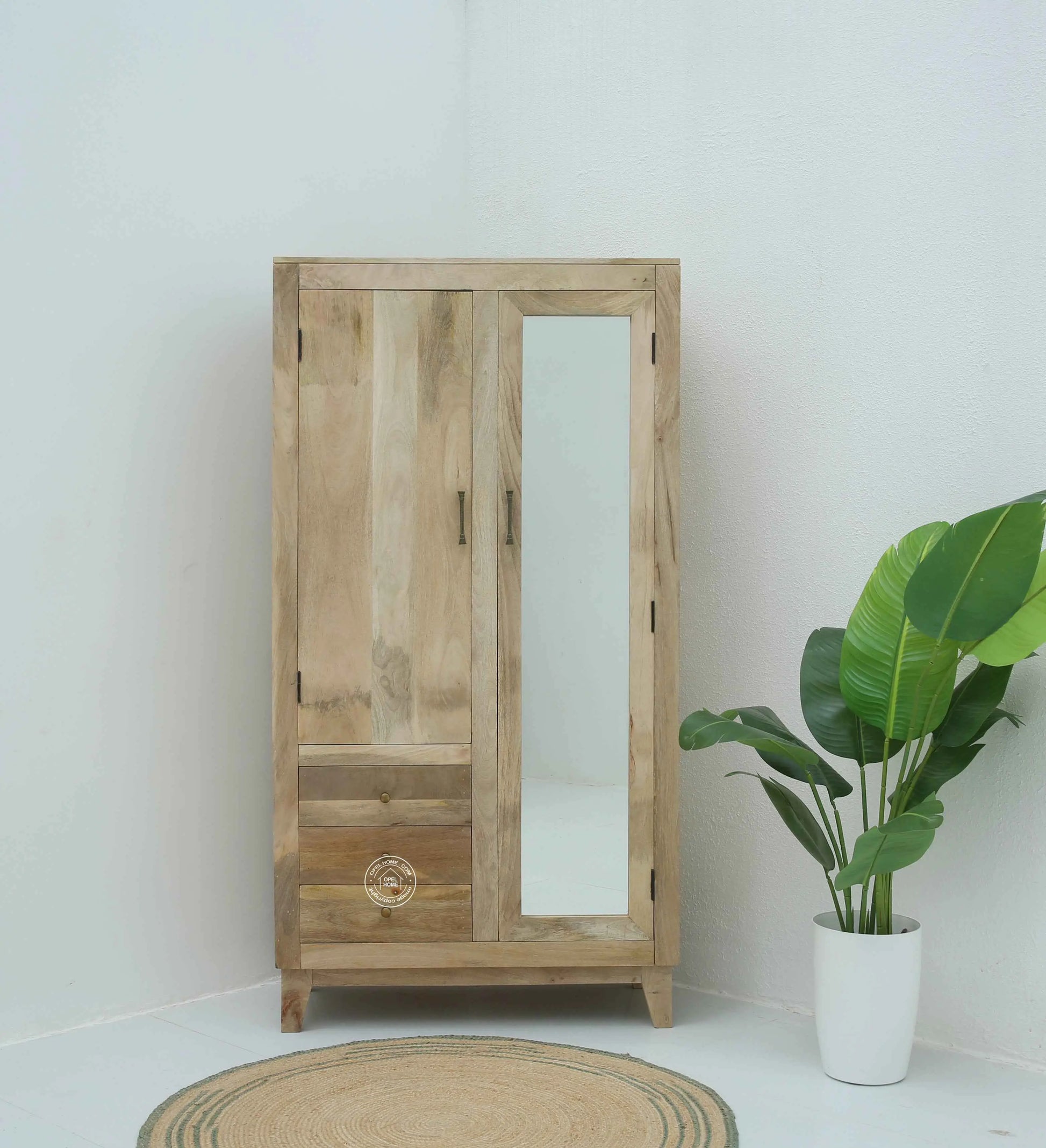 Trisler Wooden Closet – Solid Mango Wood, Natural Finish, Bedroom Wardrobe | Opelhome UAE