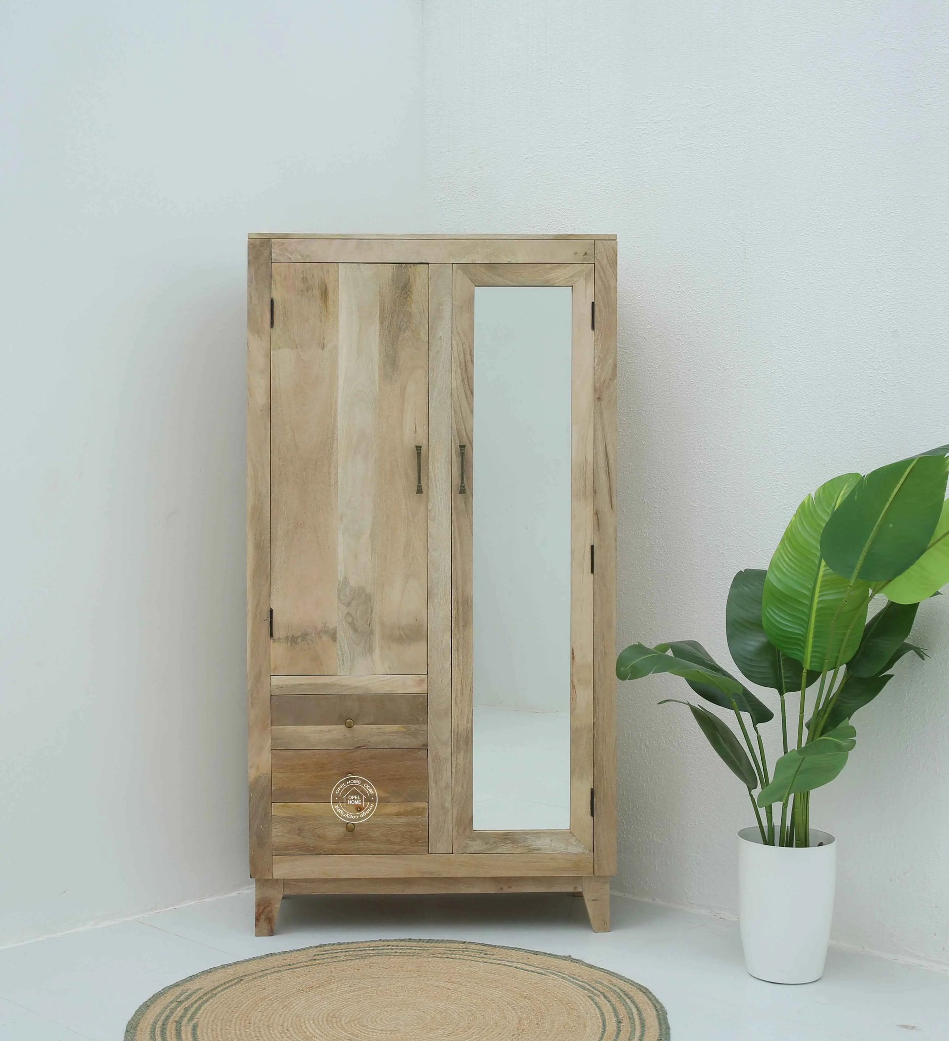 Trisler Wooden Closet – Solid Mango Wood, Natural Finish, Bedroom Wardrobe | Opelhome UAE