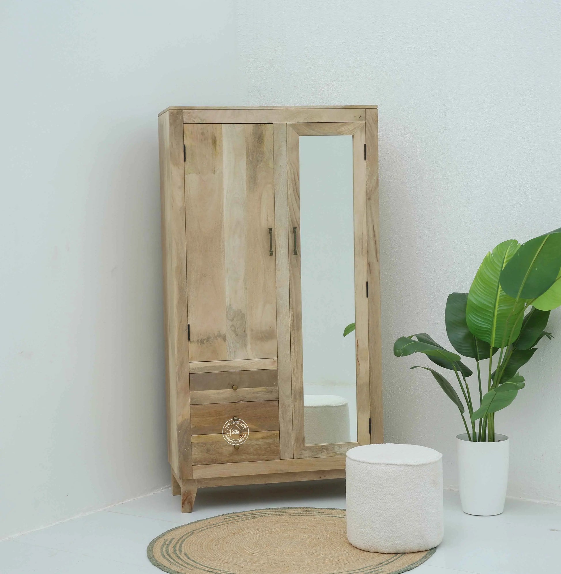 Trisler Wooden Closet – Solid Mango Wood, Natural Finish, Bedroom Wardrobe | Opelhome UAE