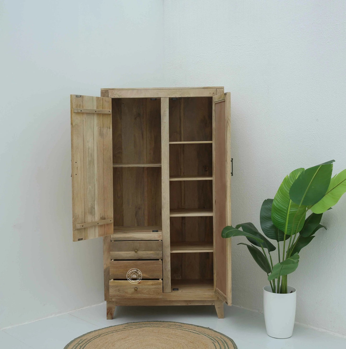 Trisler Wooden Closet – Solid Mango Wood, Natural Finish, Bedroom Wardrobe | Opelhome UAE