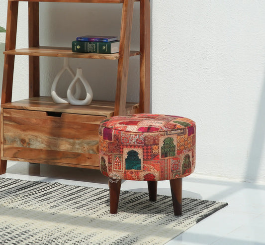 Velora Wooden Stool – Walnut Finish, Printed Fabric Seat | Opelhome UAE Opel Home
