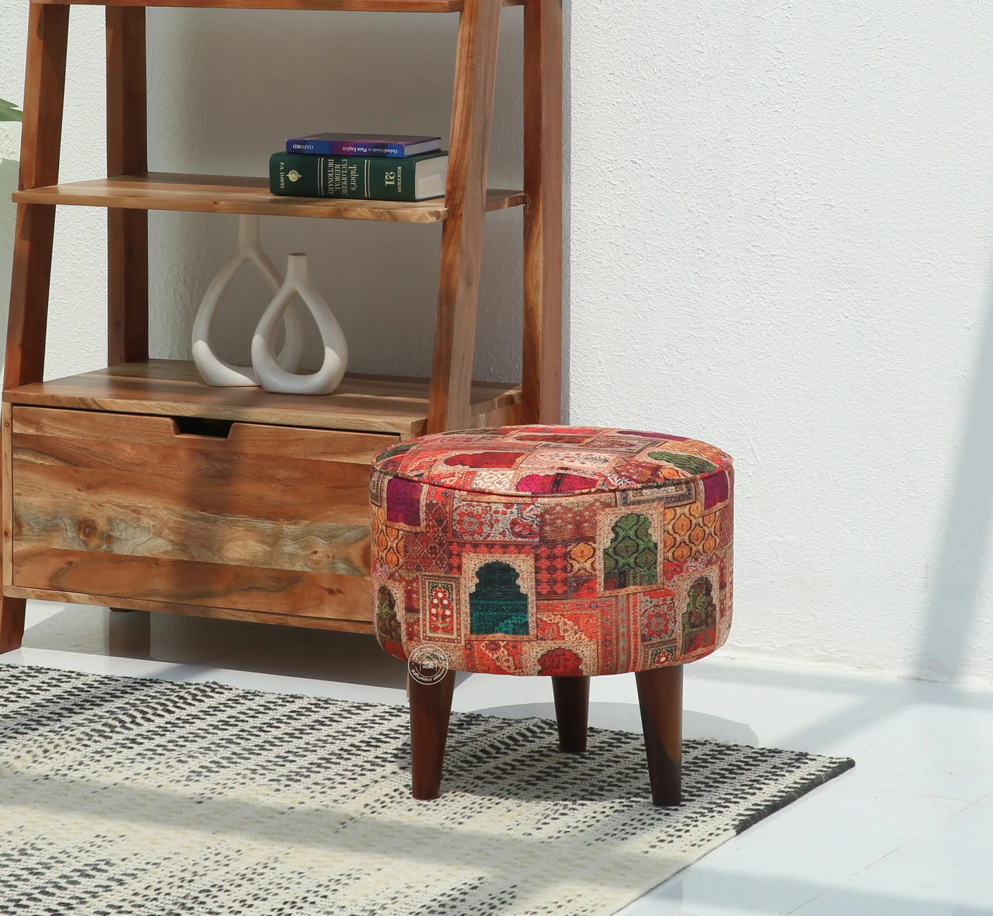 Velora Wooden Stool – Walnut Finish, Printed Fabric Seat | Opelhome UAE