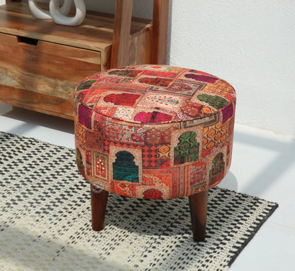 Velora Wooden Stool – Walnut Finish, Printed Fabric Seat | Opelhome UAE Opel Home