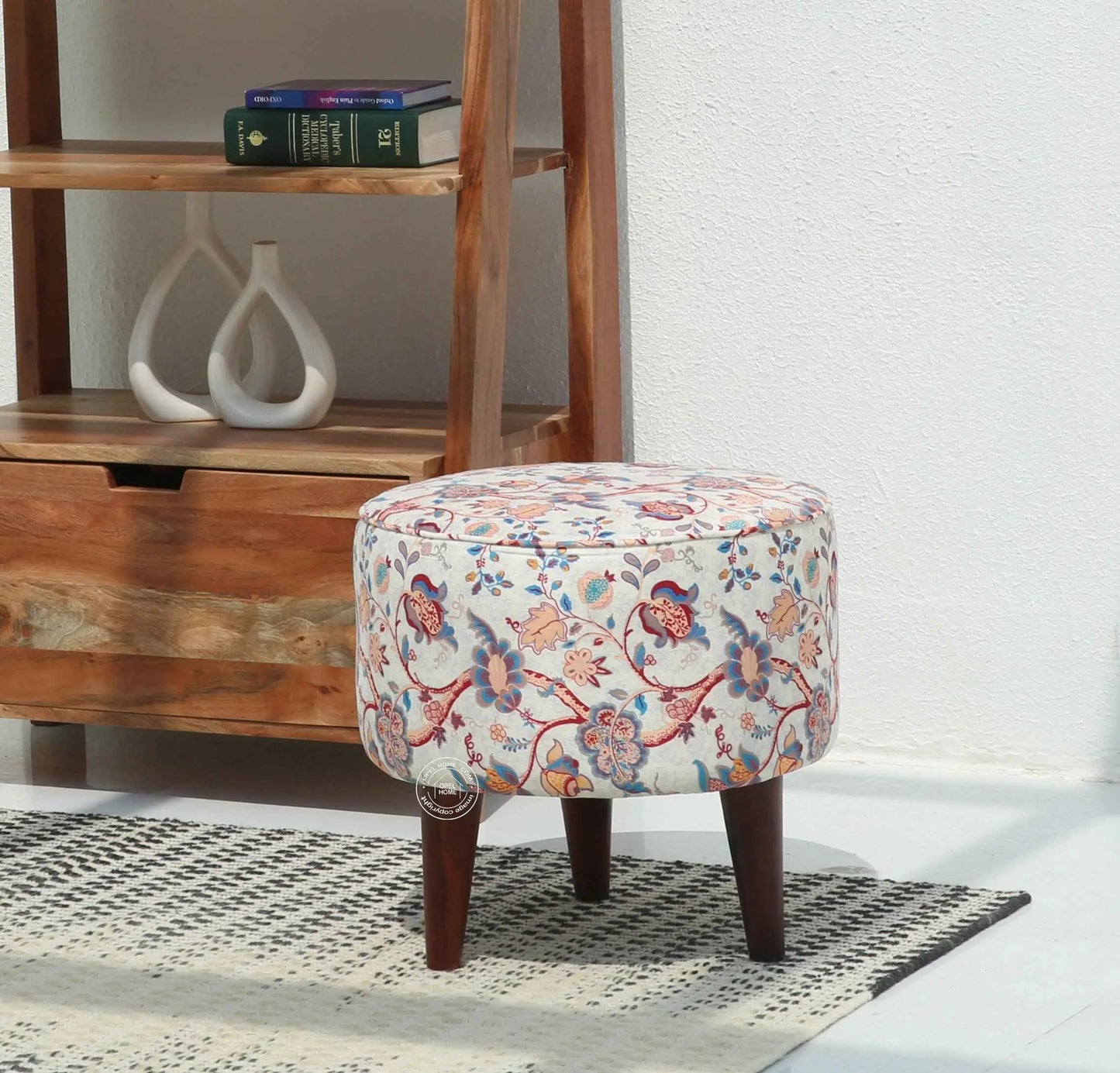 Velora Wooden Stool – Walnut Finish, Printed Fabric Seat | Opelhome UAE