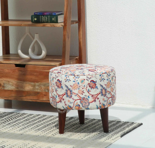 Velora Wooden Stool – Walnut Finish, Printed Fabric Seat | Opelhome UAE